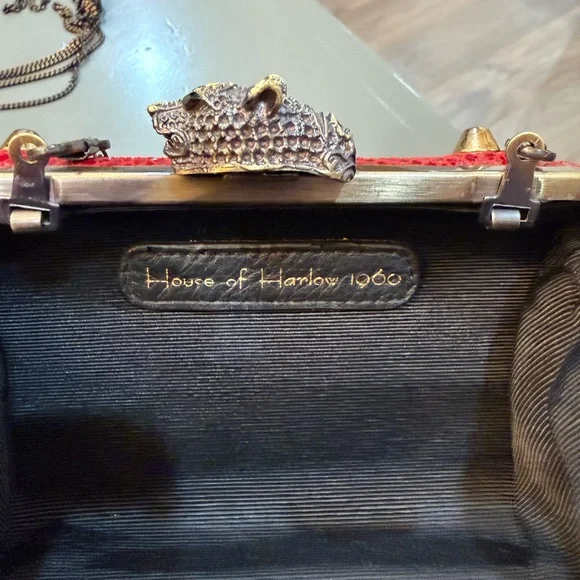 House of Harlow 1960 Red Snake-Texture Studded Clutch with Chain - Picture 5 of 6